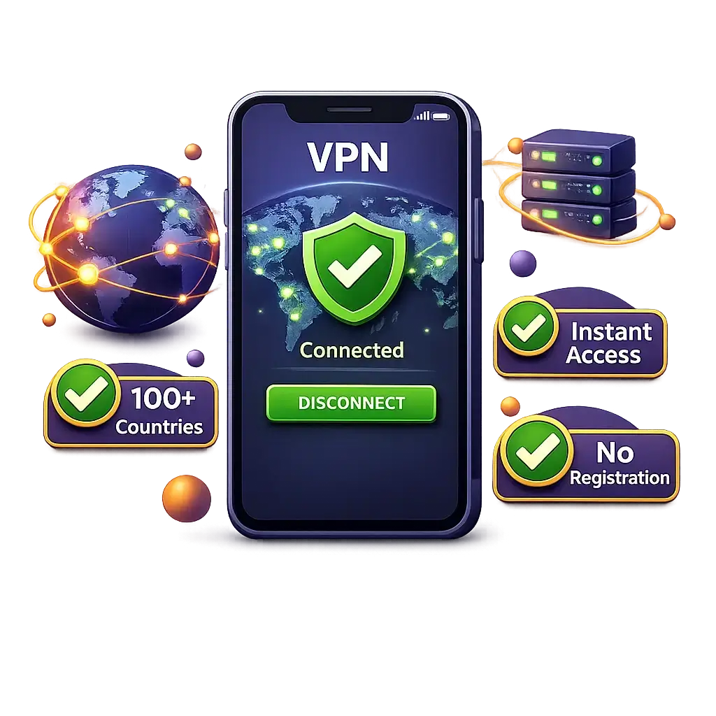 Free Android VPN app showing global server map with instant connection without registration