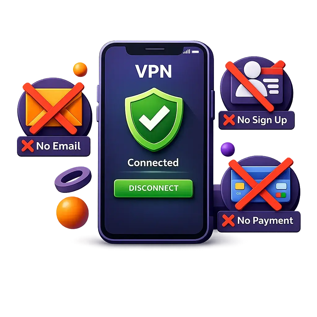 Free Android VPN app showing instant connection without registration screen